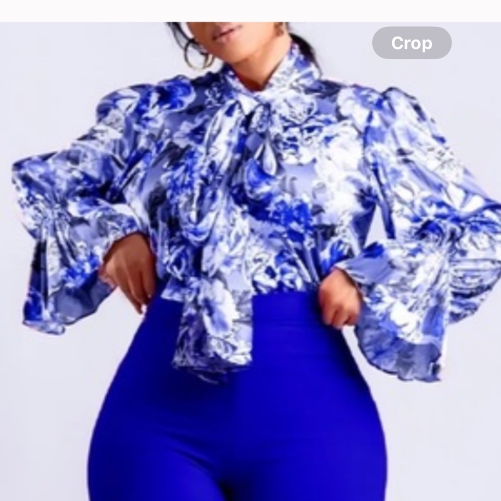 Dani Blue Floral Trumpet Sleeve Pant Set